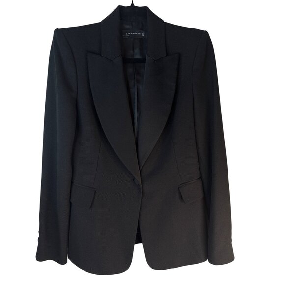 ZARA Small Jet Black Tuxedo Style Blazer Wool Blend Tailored Jacket One Button - Picture 3 of 15